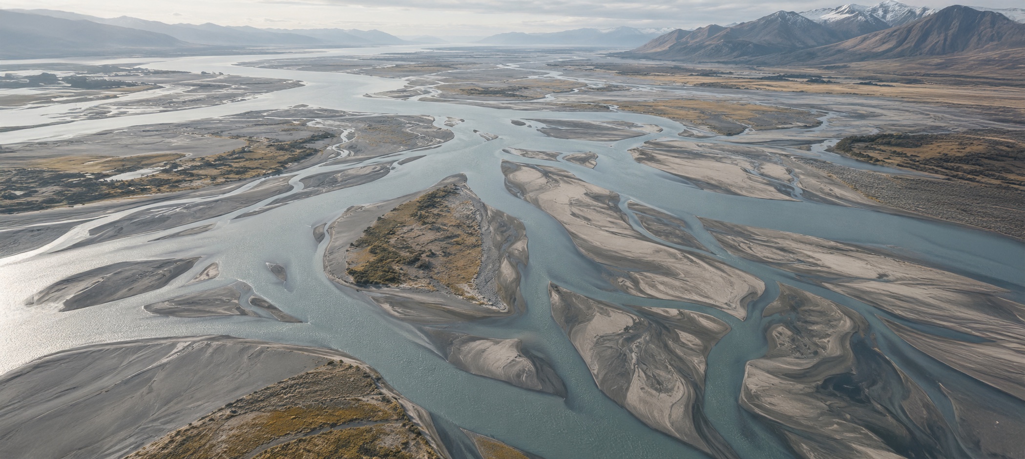 An aerial view of a braided river: many shifting channels threading between gravel bars across a wide valley floor.