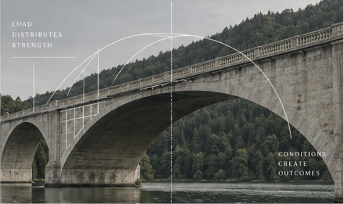 A masonry arch bridge over a river, its arch geometry traced in fine white line over the photograph. Marked: load distributes strength, conditions create outcomes.