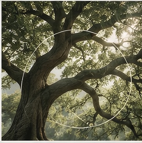 Sunlight through the branching canopy of an old tree, a circle drawn over the fork structure.
