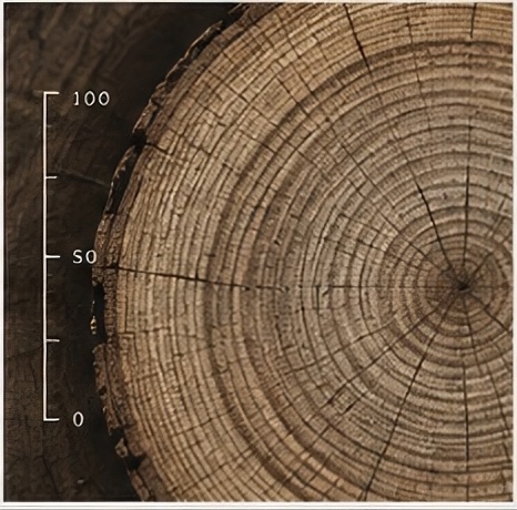 The cut face of a trunk, its growth rings measured against a scale.